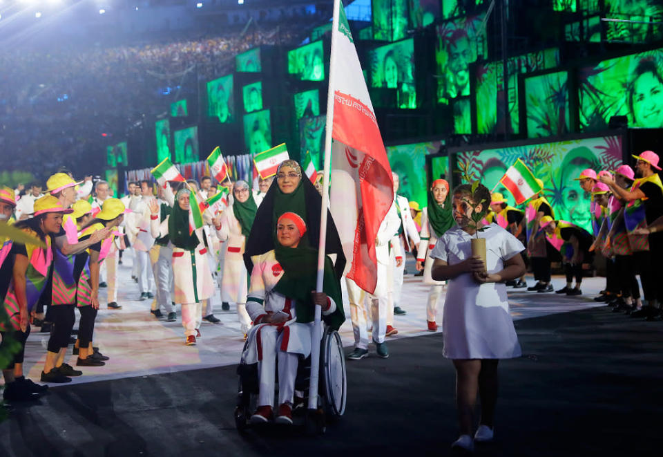 <p>Zahra Nemati won archery gold at the Paralympics in London. Still wheelchair bound, she qualified for the Rio Olympics and was her country’s flag bearer. (Photo by Jamie Squire/Getty Images) </p>