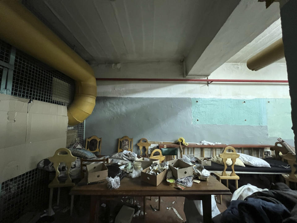 The basement of an office building at 144 Yablunska where civilians were held, in Bucha, Ukraine, shown on April 29, 2022. The only toilet was broken. Children cried. Adults prayed. The smell of human waste was overpowering. (AP Photo/Erika Kinetz)