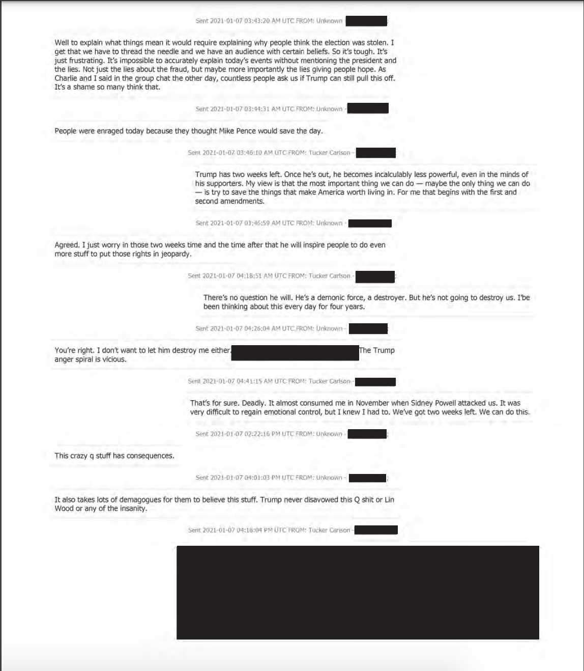 The text message that alarmed Fox executives was redacted in court filings in the Dominion case, according to the New York Times. / Credit: Court filing/Dominion Voting Systems v. Fox News