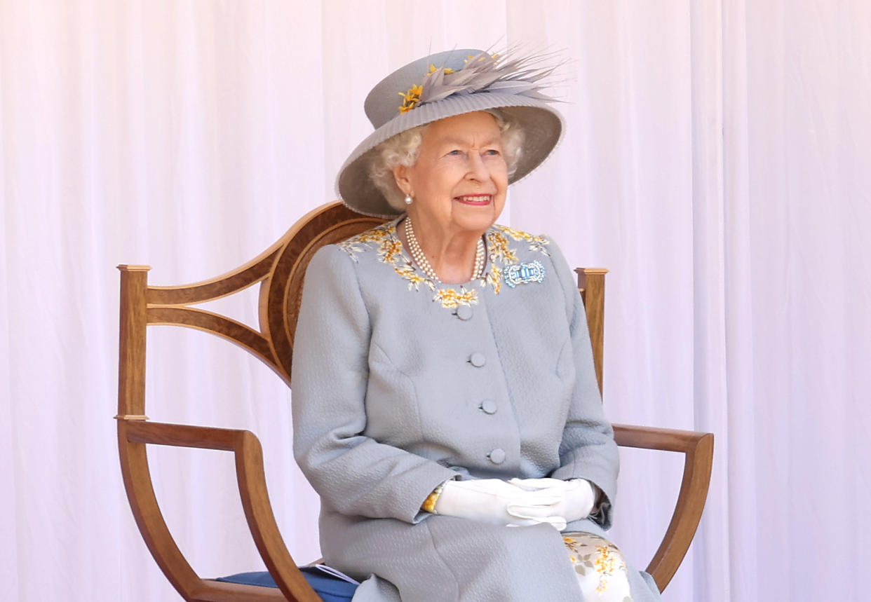 WINDSOR, ENGLAND - JUNE 12: attends a military ceremony in the Quadrangle of Windsor Castle to mark her Official Birthday on June 12, 2021 at Windsor Castle on June 12, 2021 in Windsor, England. (Photo by Chris Jackson/Getty Images)