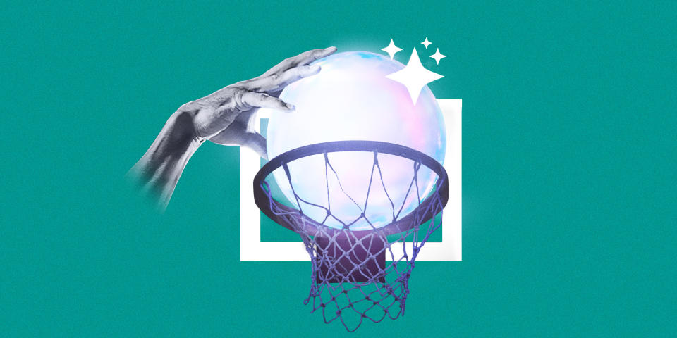 Photo collage of a hand dunking a crystal ball into a basketball hoop. (Liza Evseeva / TODAY Illustrations / Getty Images)