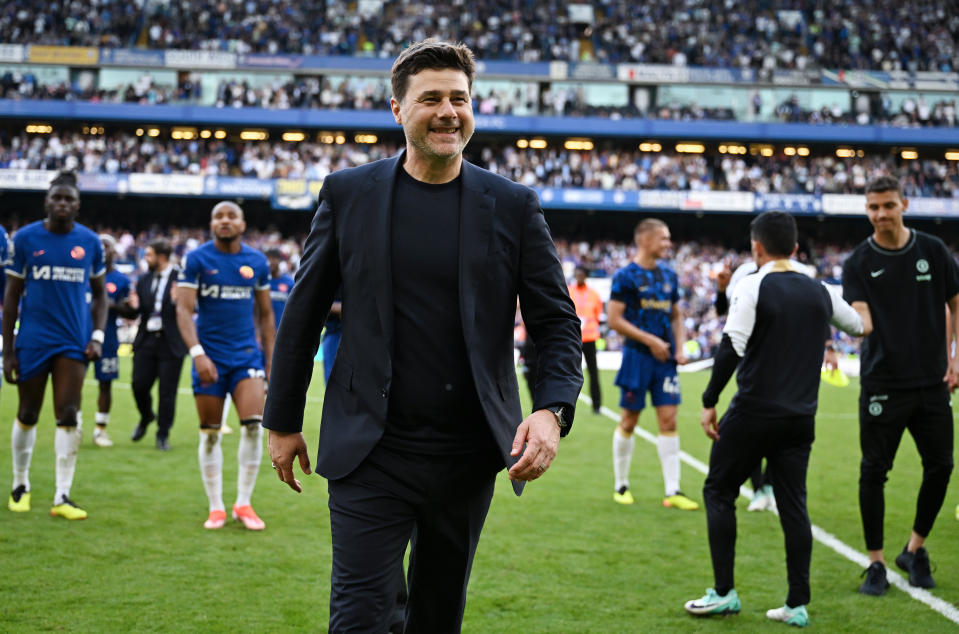 LONDON, ENGLAND - MAY 19: Chelsea manager Mauricio Pochettino reacts after the team's victory in the Premier League match between Chelsea FC and AFC Bournemouth at Stamford Bridge on May 19, 2024 in London, England. (Photo by Darren Walsh/Chelsea FC via Getty Images)