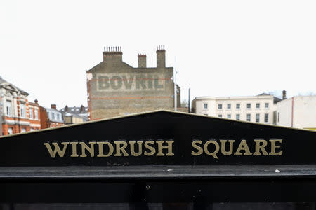 A sign stands on display at Windrush Square in the Brixton district of London, Britain April 16, 2018. REUTERS/Simon Dawson