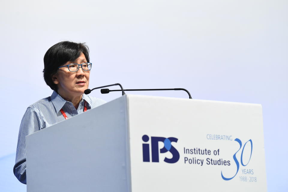 Sociology professor Paulin Tay Straughan speaking during a panel discussion at the Institute of Policy Studies 30th anniversary conference on 26 October 2018. (PHOTO: Jacky Ho, for the Institute of Policy Studies, NUS)