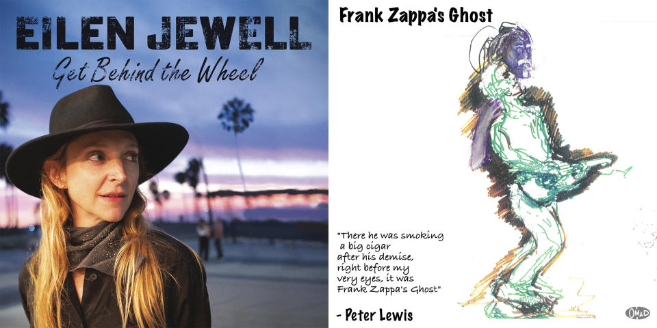 This combination of photos shows album art for "Get Behind the Wheel" by Eilen Jewell, left, and "Frank Zappa's Ghost" by Peter Lewis. (Signature Sounds via AP, left, and OMAD Records via AP)