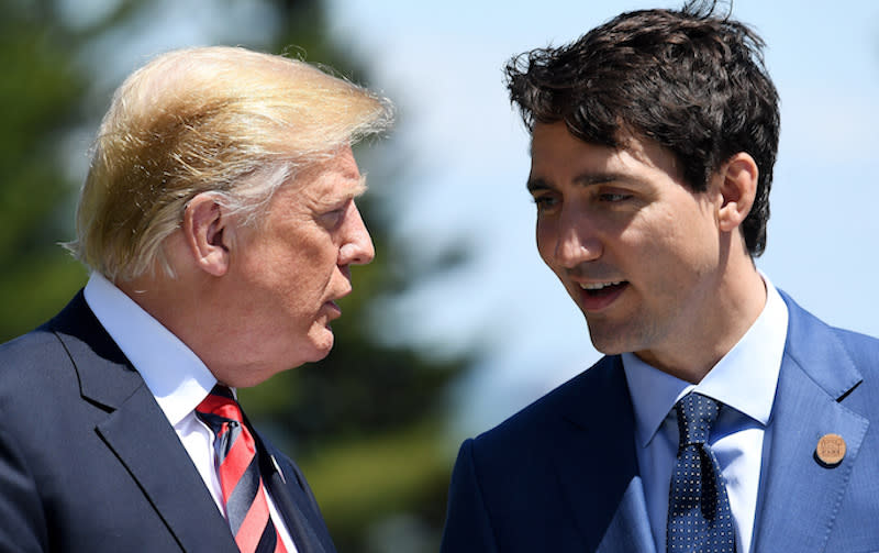 U.S. President Donald Trump, left, chats with Prime Minister Justin Trudeau on June 8, 2018, during the G7 summit in Charlevoix, Que. The relationship between the two leaders appears to have soured since comments were made regarding U.S. tariffs on Canadian steel and aluminum imports. Photo from Getty Images.