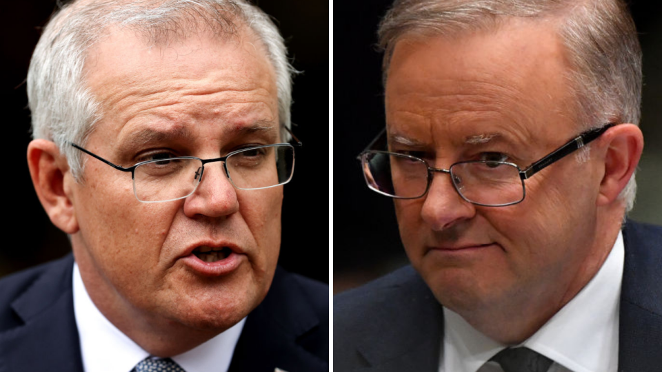 A composite image of Scott Morrison (l) and Anthony Albanese - both looking towards the centre of the frame.