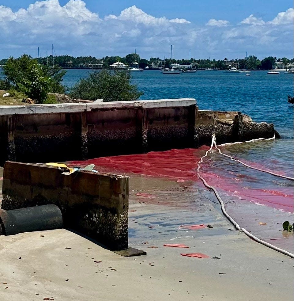 A red substance was found in the Lake Worth Lagoon on Monday, May 6, 2024 near the 5600 block of North Flagler Drive. The U.S. Coast Guard investigated and said it could not find a source.