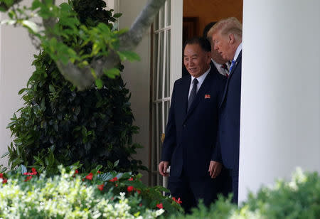 North Korean envoy Kim Yong Chol walks out of the Oval Office with U.S. President Donald Trump after a meeting at the White House in Washington, U.S., June 1, 2018. REUTERS/Leah Millis