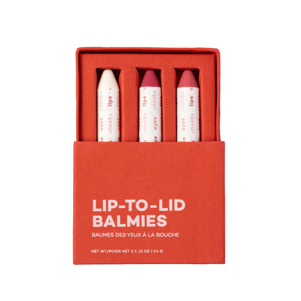 <p>Look for items that have minimal—or no—packaging, so there’s next to nothing to toss at the end. This tubeless, cap-free three-in-one crayon is wrapped in paper and packaged in a recyclable case.</p> <p><strong>Buy It!</strong> Axiology Lip-to-Lid Balmie Trio, $36; <a href="https://credobeauty.com/collections/axiology" rel="nofollow noopener" target="_blank" data-ylk="slk:credobeauty.com;elm:context_link;itc:0;sec:content-canvas" class="link ">credobeauty.com</a></p>