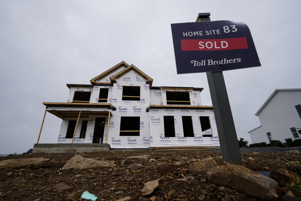 A home under construction at a development in Eagleville, Pa., Friday, April 28, 2023. (AP Photo/Matt Rourke)