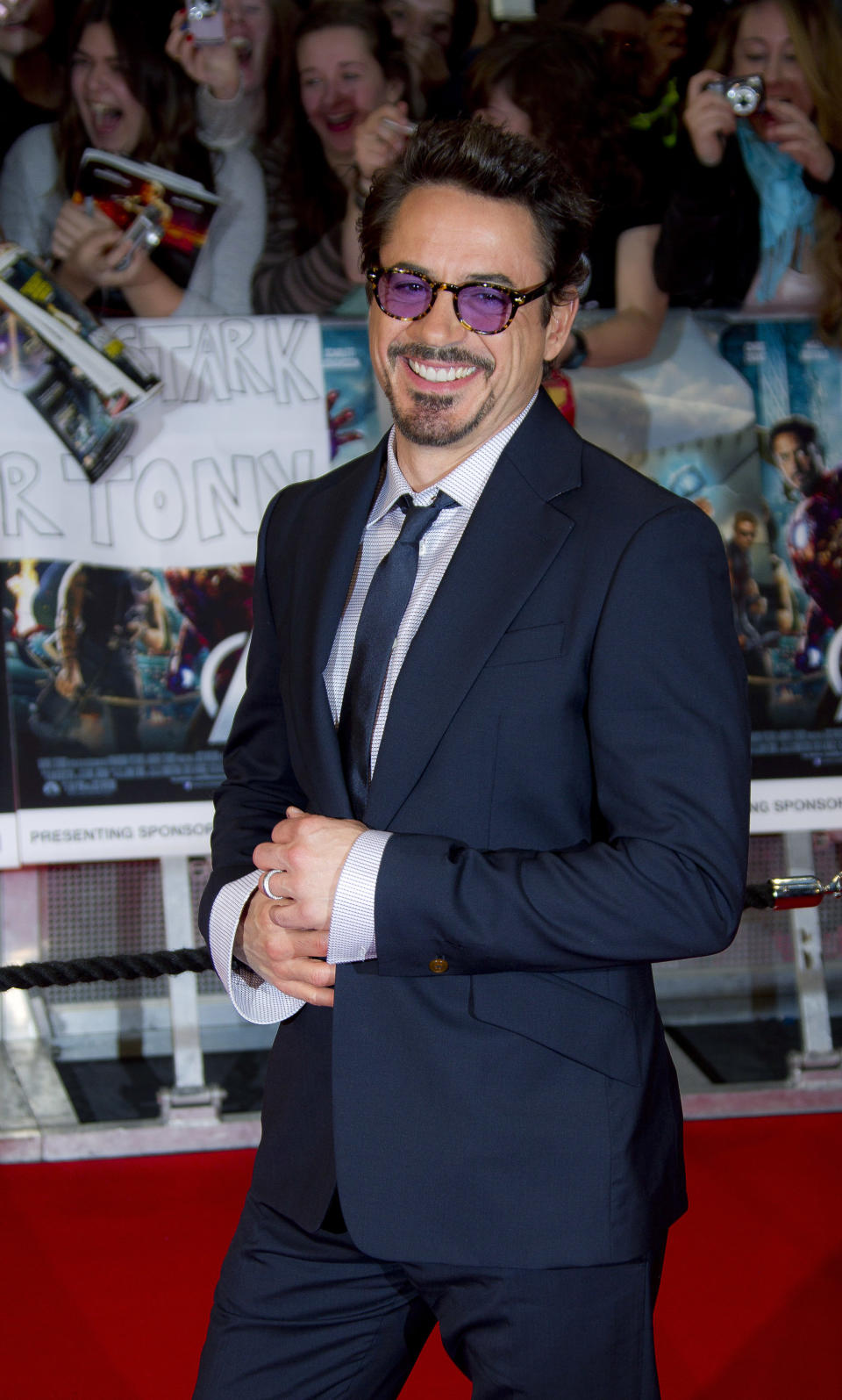 U.S actor Robert Downey Jr arrives for the European Premiere of 'Marvel Avengers Assemble', at a west London cinema, Thursday, April 19, 2012. (AP Photo/Joel Ryan)