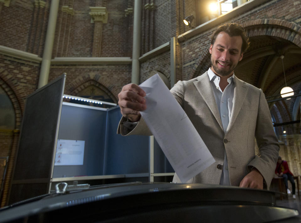 Thierry Baudet, leader of the populist party Forum for Democracy, casts his ballot for the European elections in Amsterdam, Netherlands, Thursday, May 23, 2019. Dutch polls have opened in elections for the European Parliament, starting four days of voting across the 28-nation bloc that pits supporters of deeper integration against populist Euroskeptics who want more power for their national governments. (AP Photo/Peter Dejong)