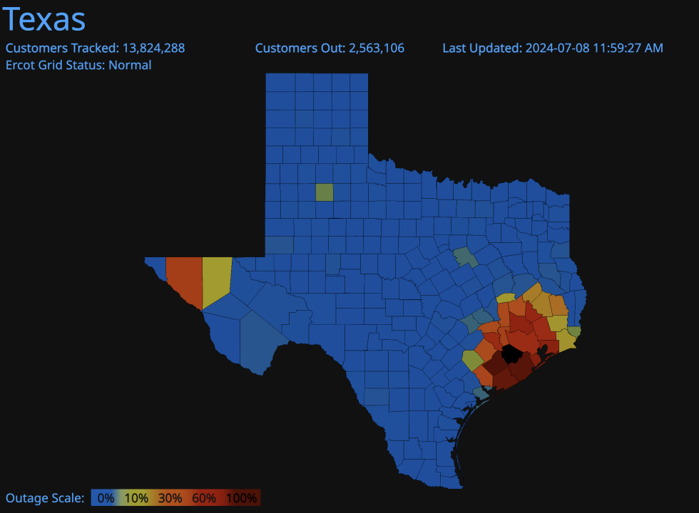 A graphic indicates the location of power outages in Texas. 
