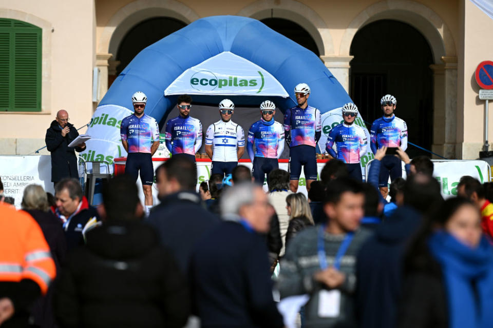  ALCUDIA SPAIN  JANUARY 26 Reto Hollenstein of Switzerland Guy Sagiv of Ireland Tom Van Asbroeck of Belgium Alastair Mackellar of Australia Riley Pickrell of Canada Roi Weinberg of Israel Itamar Einhorn of Israel and Team IsraelPremier Tech prior to the 32nd Challenge Ciclista Mallorca 2023  Trofeo Ses Salines  Alcdia a 1586km one day race from Ses Salines to Por DAlcdia  ChallengeMallorca  on January 26 2023 in Alcudia Spain Photo by Dario BelingheriGetty Images 