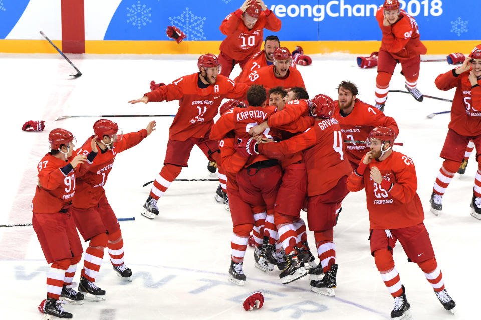 <p>Gold medal winners Olympic Athletes from Russia celebrate after defeating Germany 4-3 in overtime during the Men’s Gold Medal Game on day sixteen of the PyeongChang 2018 Winter Olympic Games at Gangneung Hockey Centre on February 25, 2018 in Gangneung, South Korea. (Photo by Harry How/Getty Images) </p>