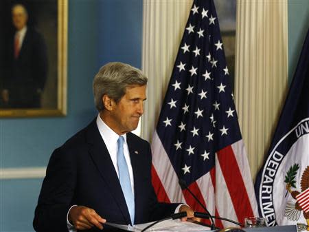 U.S. Secretary of State John Kerry speaks about the situation in Syria at the State Department in Washington, August 30, 2013. REUTERS/Larry Downing