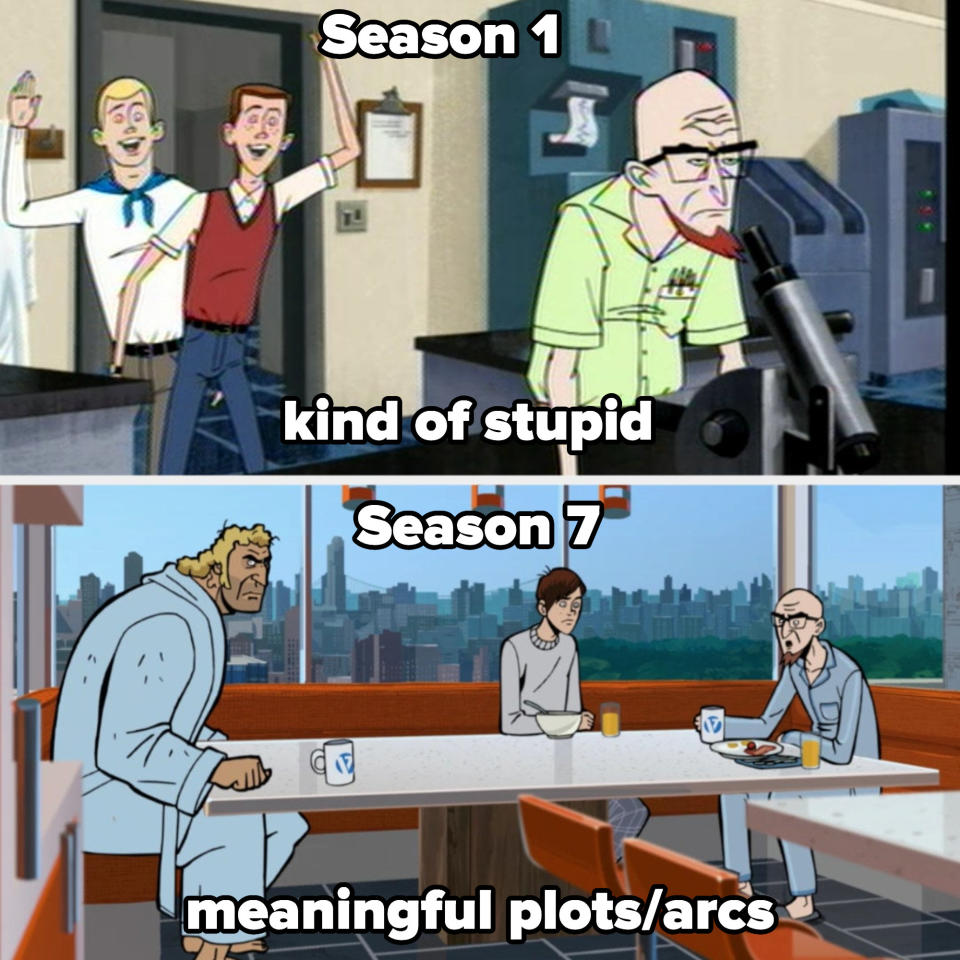 season 1 labeled "kind of stupid" and season 7 labeled "meaningful plots/arcs"