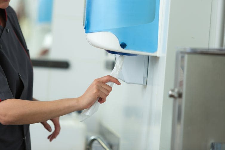 <span class="caption">Drying your hands properly removes a significant number of microorganisms after hand washing.</span> <span class="attribution"><a class="link " href="https://www.shutterstock.com/image-photo/drying-hands-after-cleaning-bubble-747331132" rel="nofollow noopener" target="_blank" data-ylk="slk:ALPA PROD/Shutterstock;elm:context_link;itc:0;sec:content-canvas">ALPA PROD/Shutterstock</a></span>