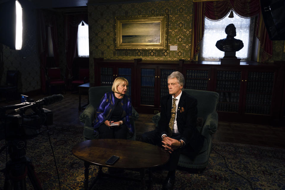 Former President of Ukraine Viktor Yushchenko sits for an interview alongside his wife Kateryna at the Urban League of Philadelphia, Monday, May 13, 2024. Yushchenko said the long delay by the U.S. Congress in approving military aid for his country was “a colossal waste of time,” that sent a signal to Russian President Vladimir Putin to inflict more suffering in the two-year invasion and would only prolong the war. (AP Photo/Joe Lamberti)