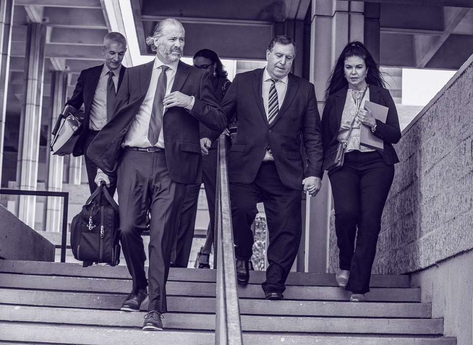 Miami Commissioner Joe Carollo, second from left, leaves federal court. Last year, a jury decided that Carollo had weaponized the city of Miami to go after two Little Havana businessmen. They had sued Carollo and won a $63.5 million judgment againt him.