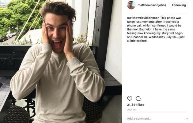 How cute its Matty J? He seems super excited to be the next Bachelor. Source: Instagram