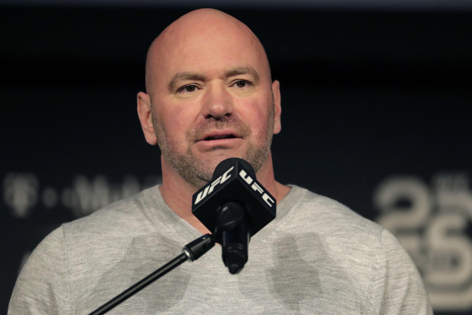 FILE - In this Nov. 2, 2018, file photo, UFC president Dana White speaks at a news conference in New York. The first of three straight fight nights at Etihad Arena on Abu Dhabi’s Yas Island kicks off Saturday, Jan. 16, when Max Holloway fights Calvin Kattar in a 145-pound bout in the main event of the first combat sports card aired on ABC since 2000. In UFC 257 on Jan. 24, Conor McGregor returns from a year-long layoff for a rematch against Dustin Poirier in the promotions's first pay-per-view of the year. (AP Photo/Julio Cortez, File)