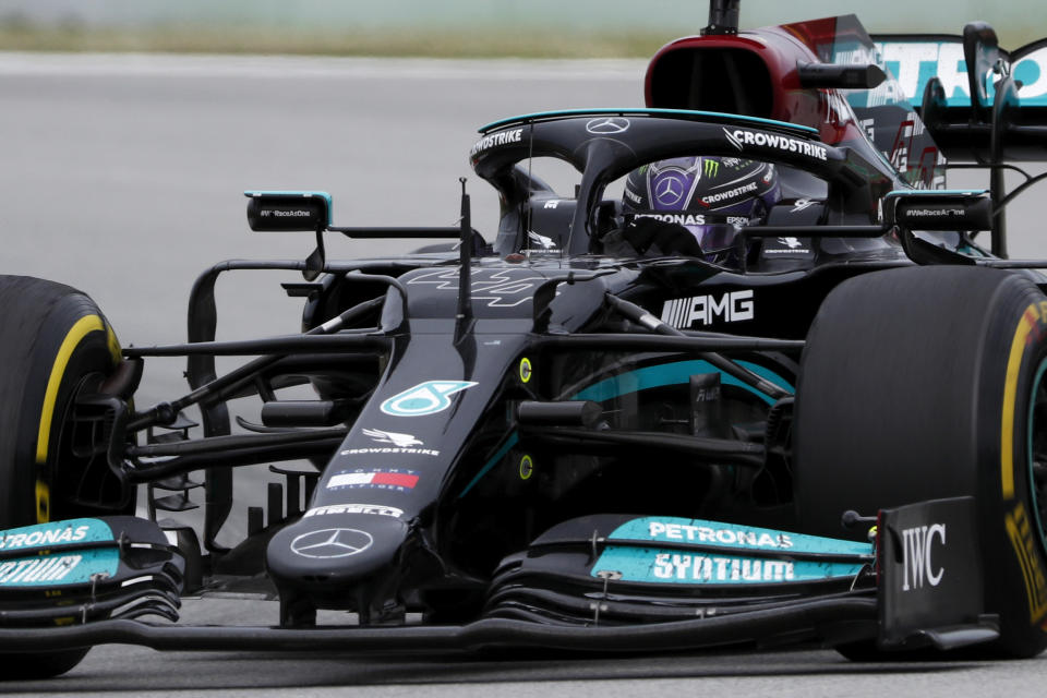 Mercedes driver Lewis Hamilton of Britain steers his car during the Spanish Formula One Grand Prix at the Barcelona Catalunya racetrack in Montmelo, just outside Barcelona, Spain, Sunday, May 9, 2021. (AP Photo/Joan Monfort)