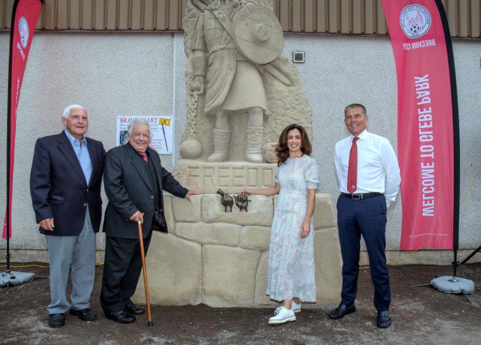 (left to right) former club chairman David Birse, Tommy Church, STV Newsreader Andrea Brymer and club chairman Kevin Mackie during the unveiling (Brechin City FC/PA) (PA Media)