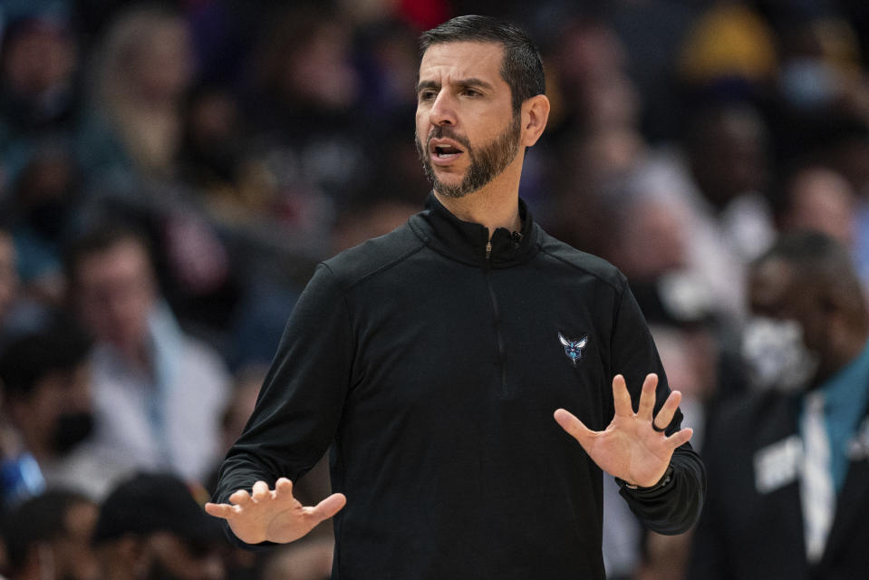 Charlotte Hornets head coach James Borrego looks on during the first half of an NBA basketball game against the Los Angeles Lakers in Charlotte, N.C., Friday, Jan. 28, 2022. (AP Photo/Jacob Kupferman)