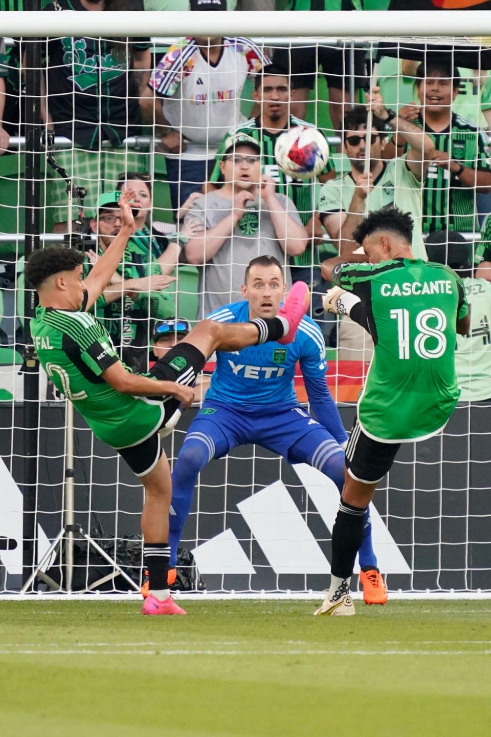 Austin FC's Sofiane Djeffal, left, and Julio Cascante clear the ball in front of Brad Stuver during Wednesday's win over Minnesota. El Tree is finishing up a stretch of nine matches in a 29-day span.