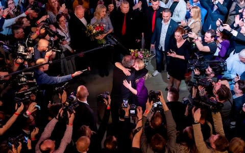 Slovak President Andrej Kiska congratulates Slovakis's President elect Zuzana Caputova - Credit: &nbsp;JOE KLAMAR/AFP