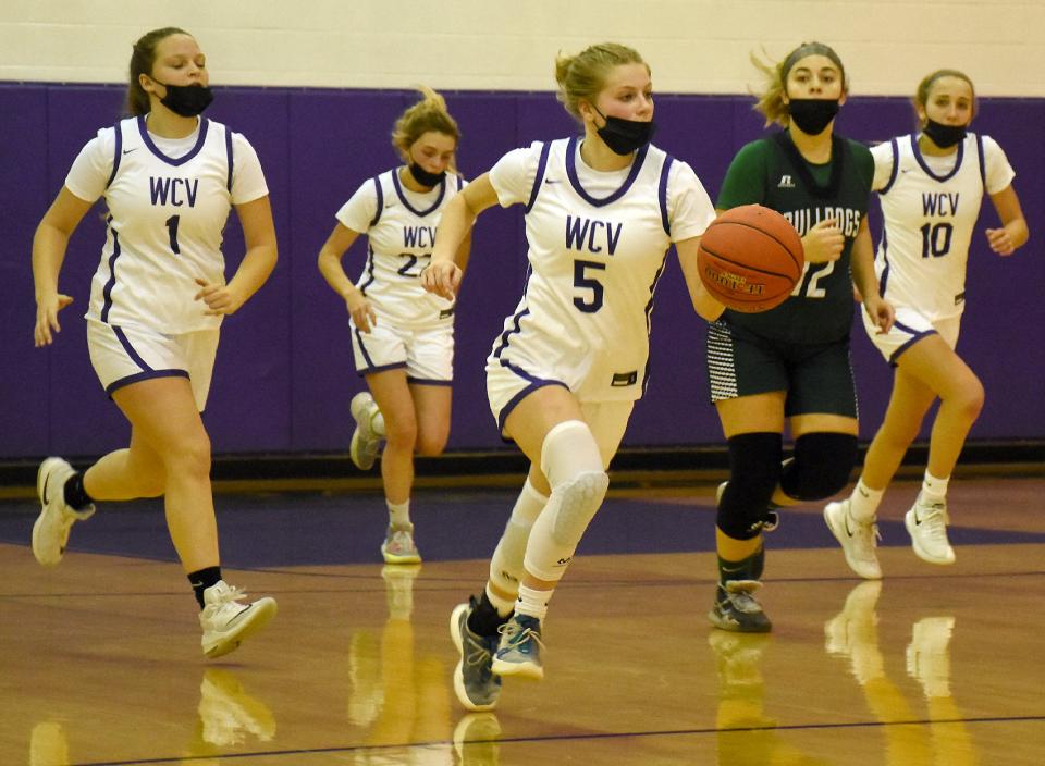 Olivia Morreale (5) leads the West Canada Valley Indians up the court during the second half of the West Canada Valley Sports Boosters Tip Off Tournament championship game Sunday.