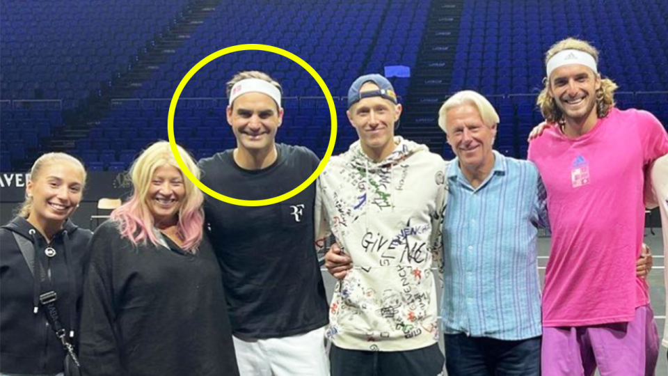 Roger Federer poses with Stefanos Tsitsipas, Bjorn Borg and others in the O2 Arena.