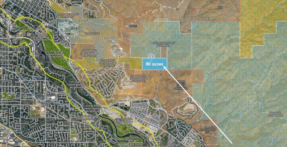 The area highlighted in blue shows the 80-acre parcel the city of Boise plans to purchase to expand Ridge to Rivers trail system.