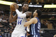 Philadelphia 76ers forward Paul Reed Jr. (44) is defended by Memphis Grizzlies guard Tremont Waters (51) during the first half of an NBA summer league basketball game Tuesday, July 5, 2022, in Salt Lake City. (AP Photo/Jeff Swinger)