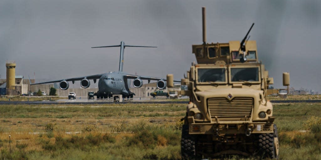 A view of the C-17 Globemaster prepares to take off in the Hamid Karzai International Airport in Kabul, Afghanistan, Sunday, Aug. 29, 2021