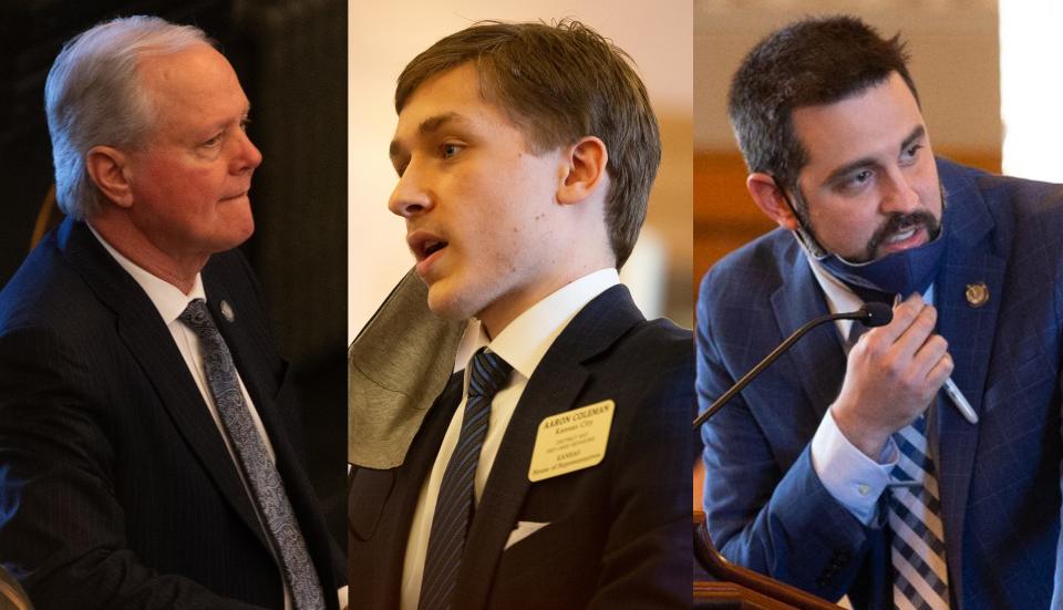 Sen. Majority leader Gene Suellentrop, R-Wichita, left, Rep. Aaron Coleman, D-Kansas City, and Rep. Mark Samsel, R-Wellsville, are all still serving in the  Kansas Statehouse after each faced legal challenges in 2021.