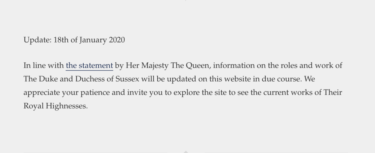 The announcement on the couple's website in the immediate aftermath referred to themselves as 'Their Royal Highnesses', despite the fact they plan to drop their HRHs (Picture: SussexRoyal)