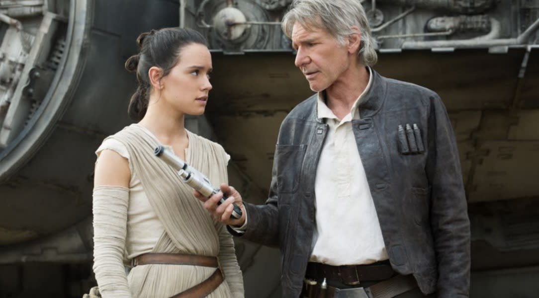  Daisy Ridley and Harrison Ford in Star Wars: The Force Awakens. 