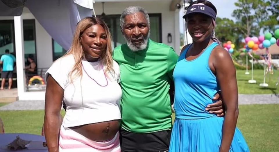 Williams pictured with dad Richard and sister Venus at the party (YouTube/Serena Williams)