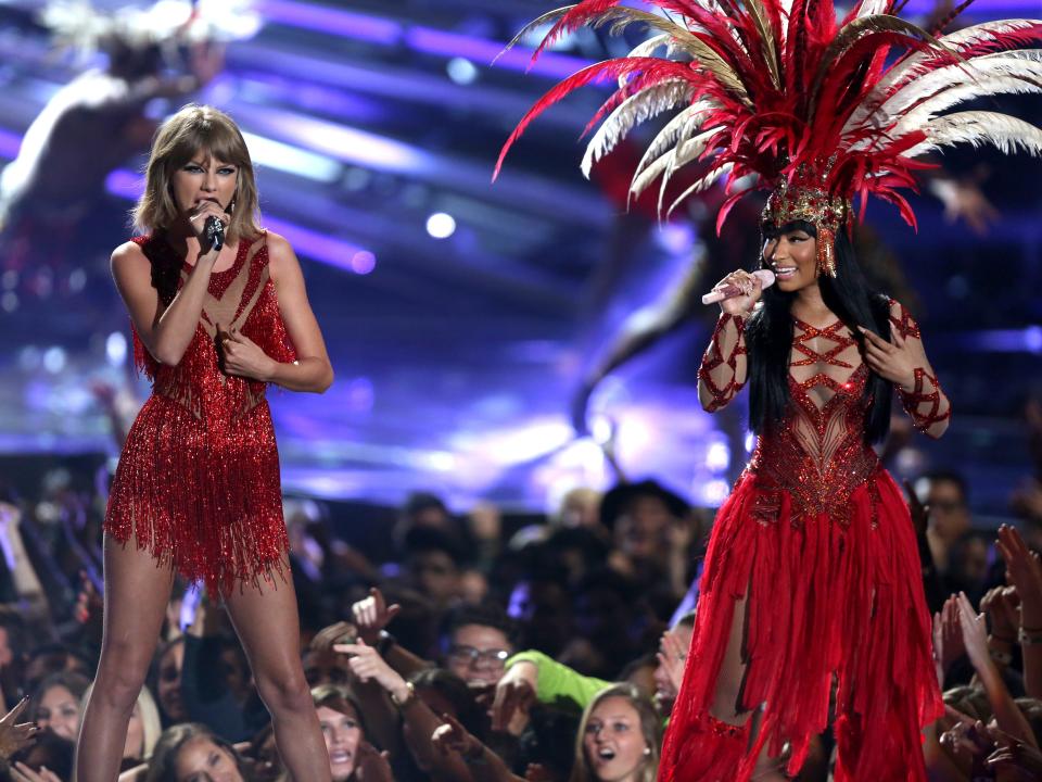 Taylor Swift and Nicki Minaj performing together at the MTV Video Music Awards on August 20, 2015.