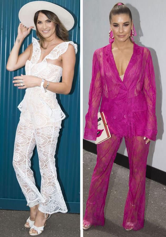 Laura and Lauren wore 'naked' jumpsuits to the Melbourne Cup. Photo: Getty