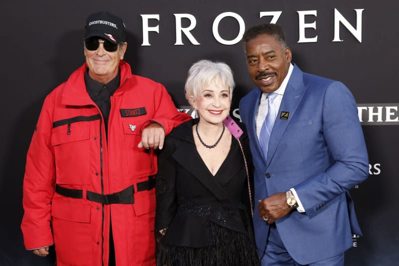 Left to right, Ernie Hudson, Annie Potts and Dan Aykroyd arrive at the premiere of "Ghostbusters: Frozen Empire" on March 14 in New York City. Photo by John Angelillo/UPI