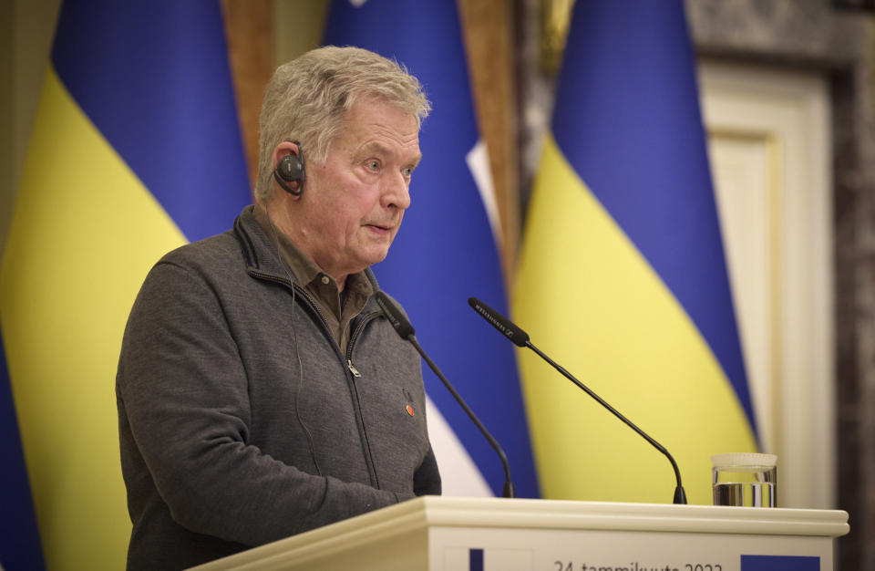 In this photo provided by the Ukrainian Presidential Press Office, Finnish President Sauli Niinisto attends a news conference with Ukrainian President Volodymyr Zelenskyy after their meeting in Kyiv, Ukraine, Tuesday, Jan. 24, 2023. (Ukrainian Presidential Press Office via AP)