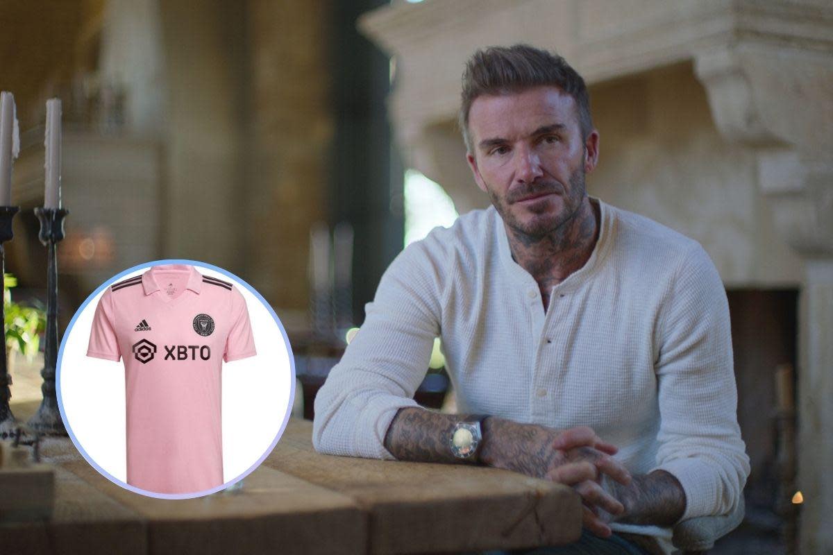 David Beckham at home in the Cotswolds and, inset, the Inter Miami shirt <i>(Image: Canva)</i>