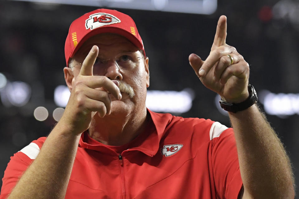 Kansas City Chiefs head coach Andy Reid reacts after the Kansas City Chiefs defeated the Las Vegas Raiders in an NFL football game, Sunday, Nov. 14, 2021, in Las Vegas. (AP Photo/David Becker)