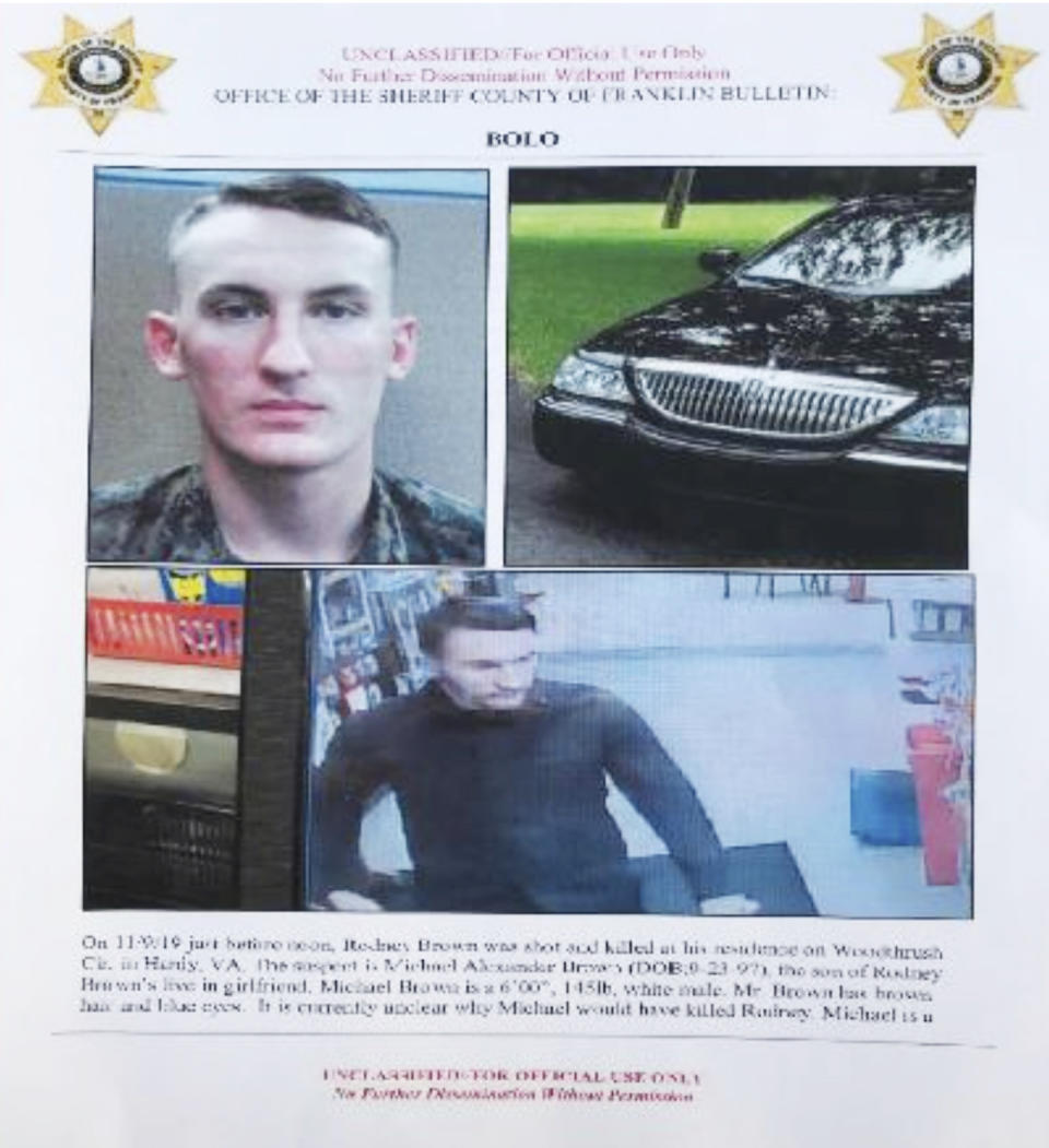In this undated image released by the Franklin County (Va.) Sheriff's Office, U. S. Marine Michael Alexander Brown is shown. Roanoke Police Chief Tim Jones has closed all the city schools in Roanoke, Va. Thursday, Nov. 14, 2019, and warned people to lock their doors after spotting a vehicle linked to Brown, a Marine deserter who is wanted for questioning in a murder case. (Franklin County (Va.) Sheriff's Office via AP)