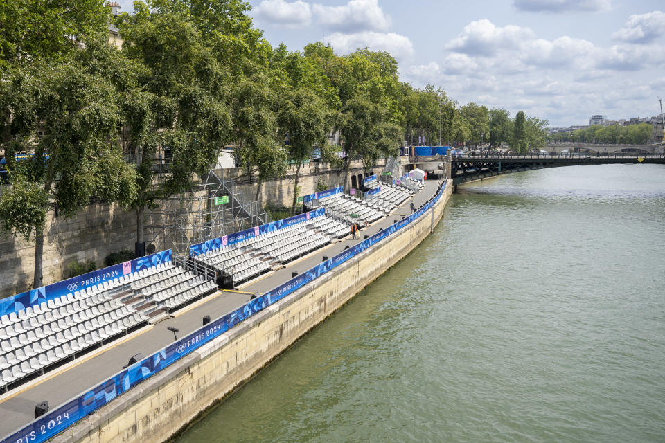 Temporary platform with seats installed along the Seine quays at the Quai de Gesvres in Paris for the opening ceremony of the Olympic Games in Paris, France on July 24, 2024. (Photo by Antoine Boureau / Hans Lucas / Hans Lucas via AFP) (Photo by ANTOINE BOUREAU/Hans Lucas/AFP via Getty Images)