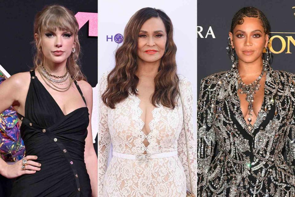 <p>Getty</p> Tina Knowles (center) praised both her daughter Beyoncé (right) and Taylor Swift (left) for their tour success.